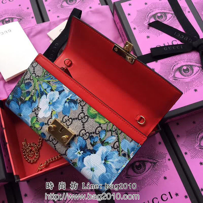 GUCCI古馳 歐洲正品原單 padlock系列 最新二折款 爆款鏈條皮夾 453506 藍花紅皮 WTG1190